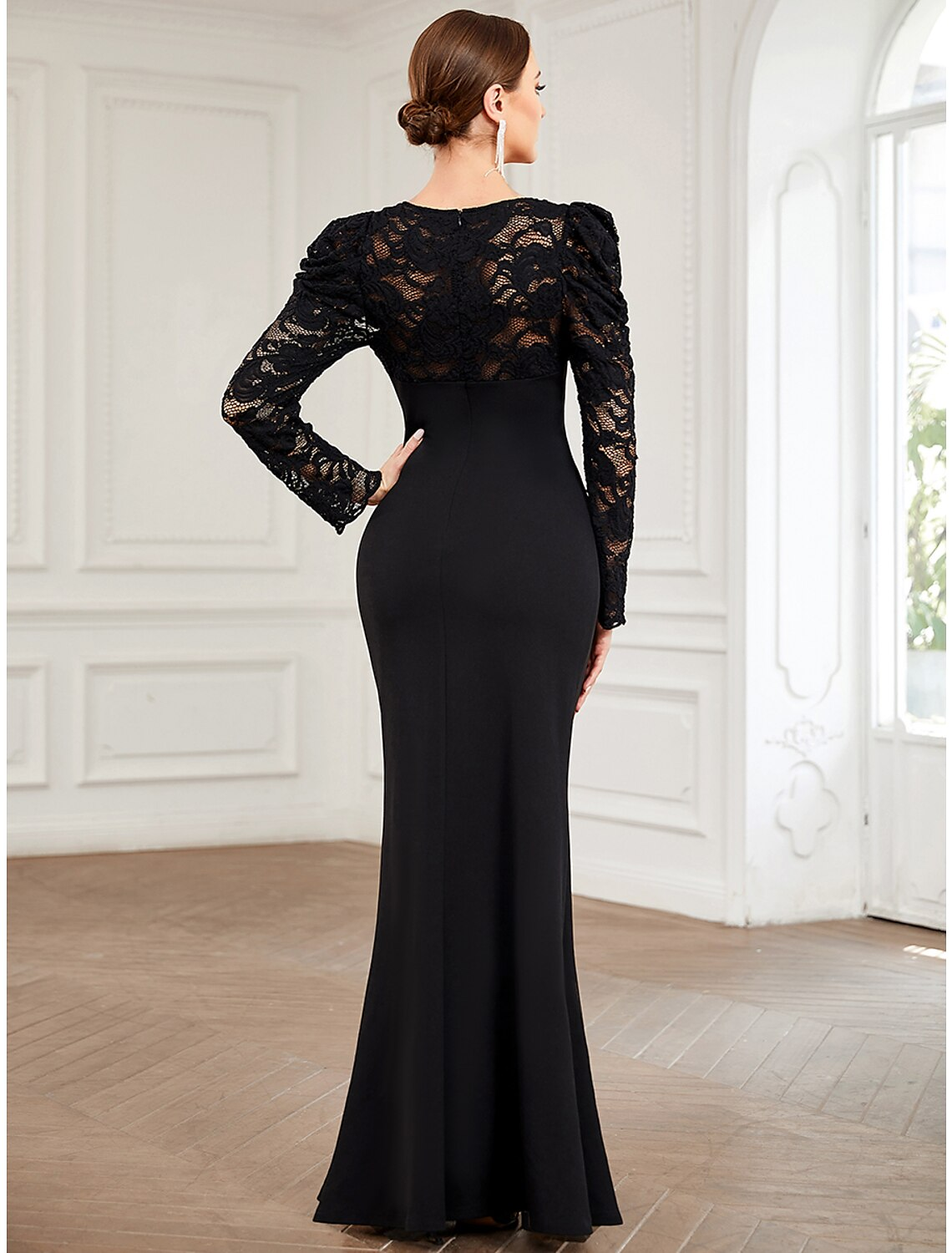 A-Linien-Abendkleid, Vintage-Kleid, formell, bodenlang, langärmlig, V-Ausschnitt, Spitze mit reiner Farbe